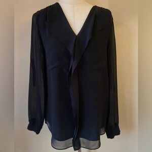 Calvin Klein Black Sheer Drape Front Button Cuff Blouse Women's Size Small
